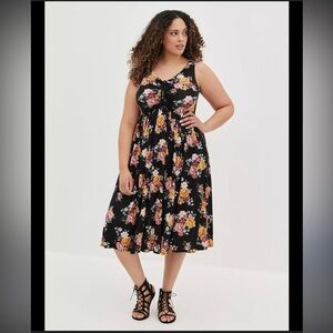 *Torrid Super Soft Black Floral Shirred Sleeveless Midi Skater Dress #IR
